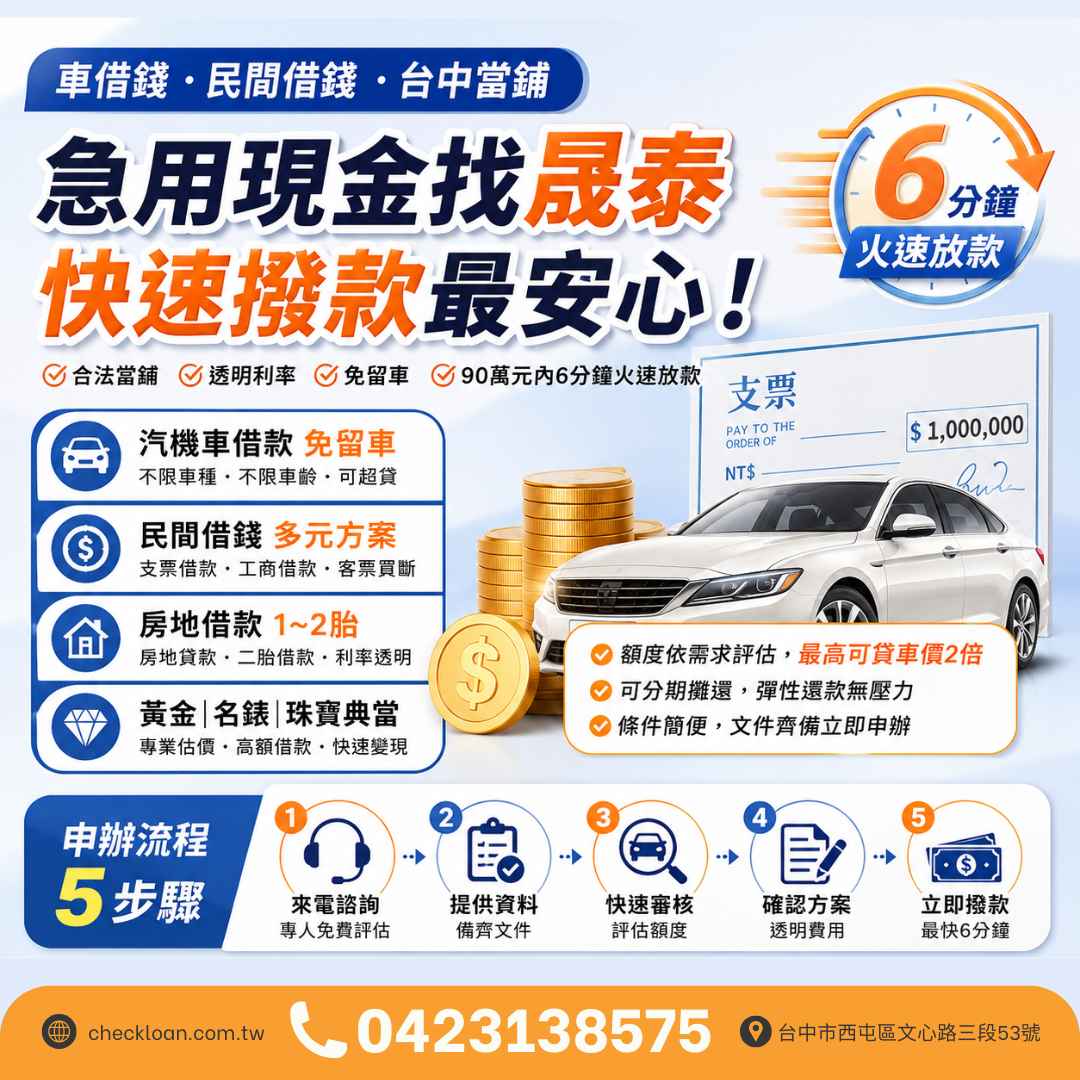 車借錢、民間借錢怎麼選？台中當鋪借款額度、費用與申請流程一次看懂